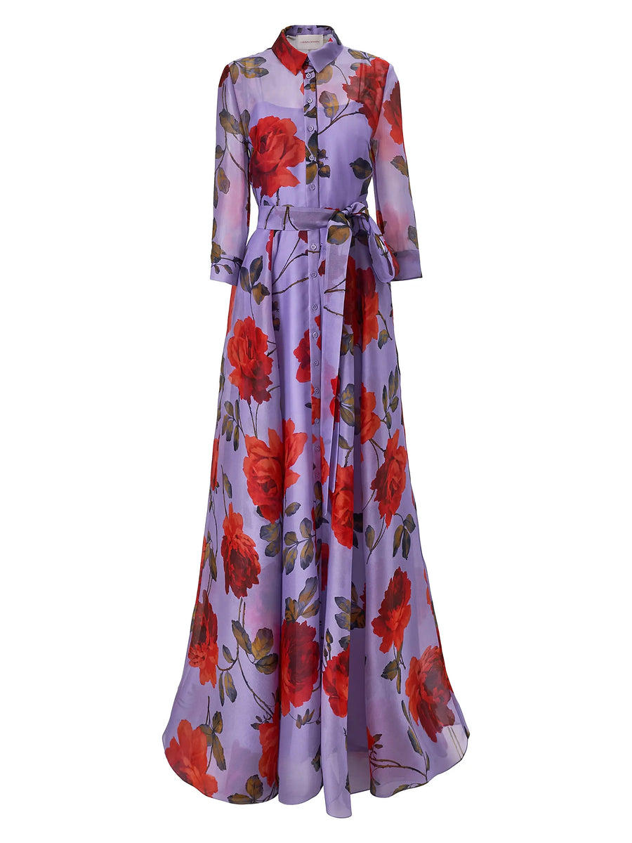 CAROLINA HERRERA ROSE PRINT SILK TRENCH GOWN - VIOLETA MULTI