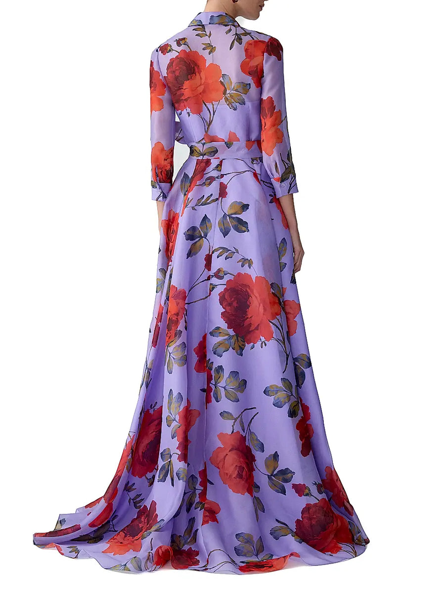 CAROLINA HERRERA ROSE PRINT SILK TRENCH GOWN - VIOLETA MULTI