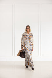 Galia Long Dress in Camel and Ice Blue Print