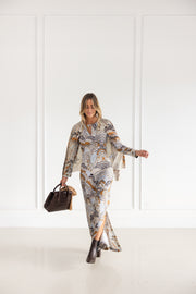 Galia Long Dress in Camel and Ice Blue Print