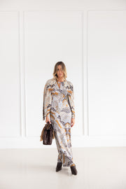 Galia Long Dress in Camel and Ice Blue Print