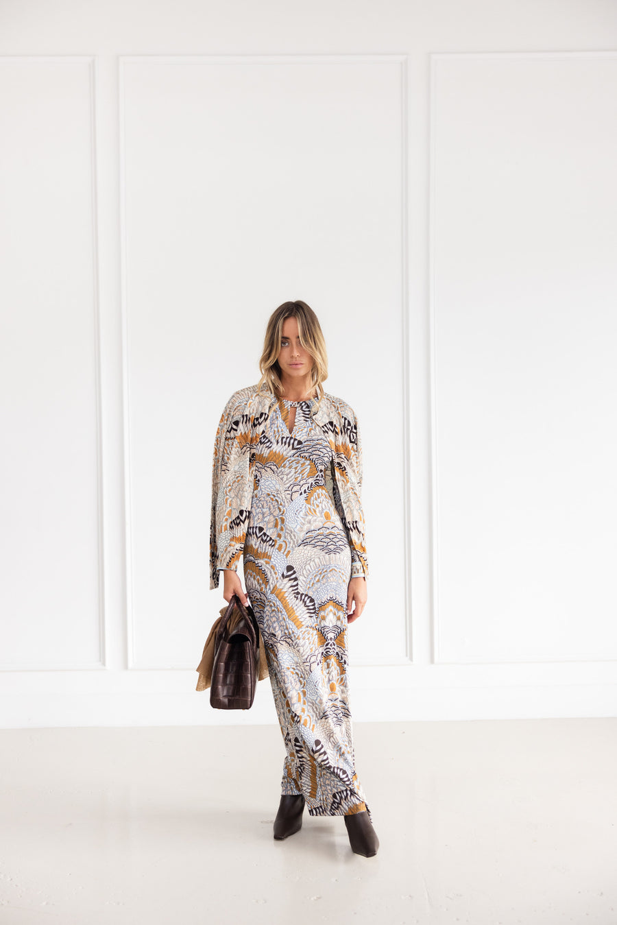 Galia Long Dress in Camel and Ice Blue Print