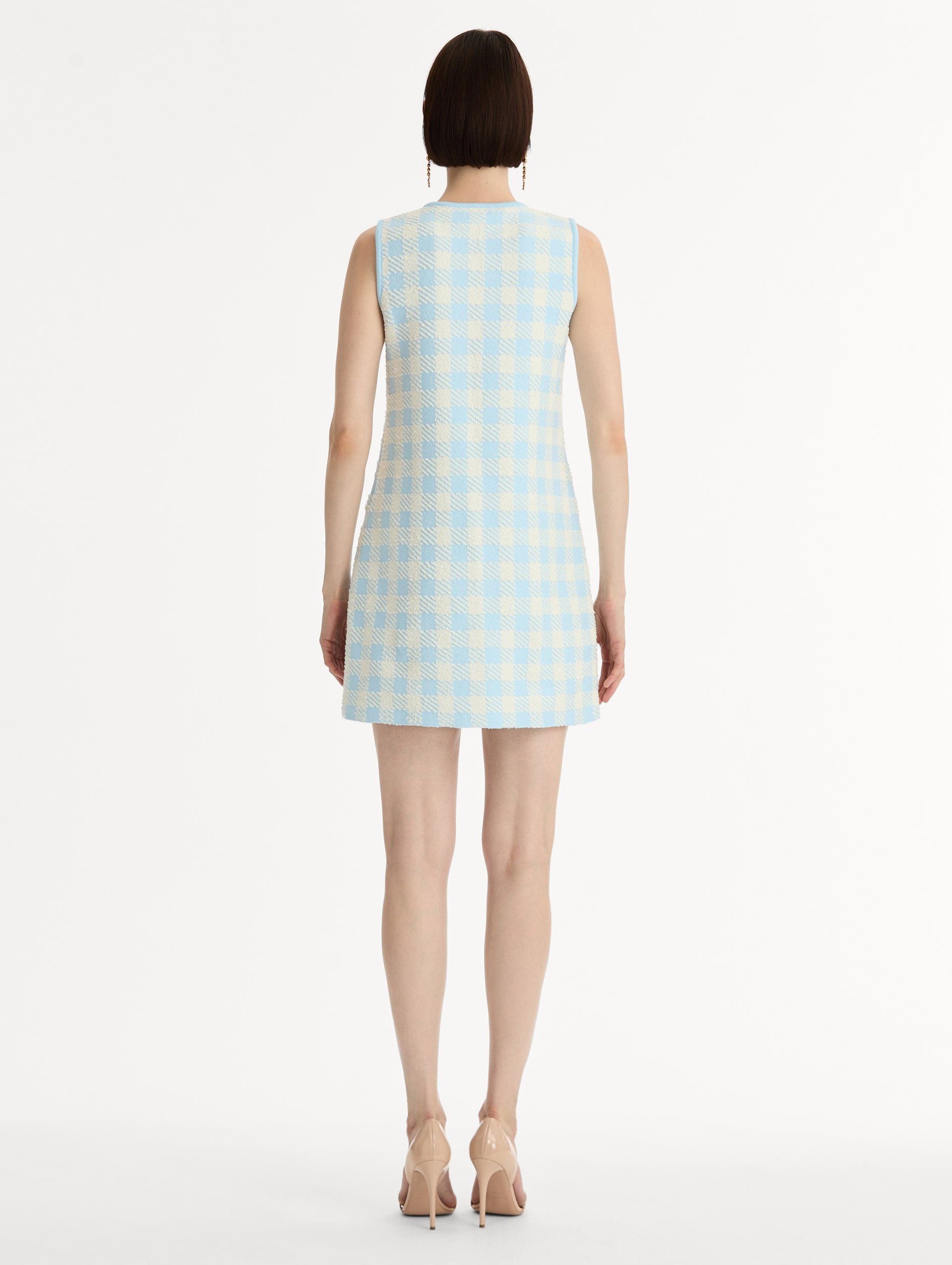 OSCAR DE LA RENTA GINGHAM JACQUARD SHIFT DRESS - ICE/WHITE