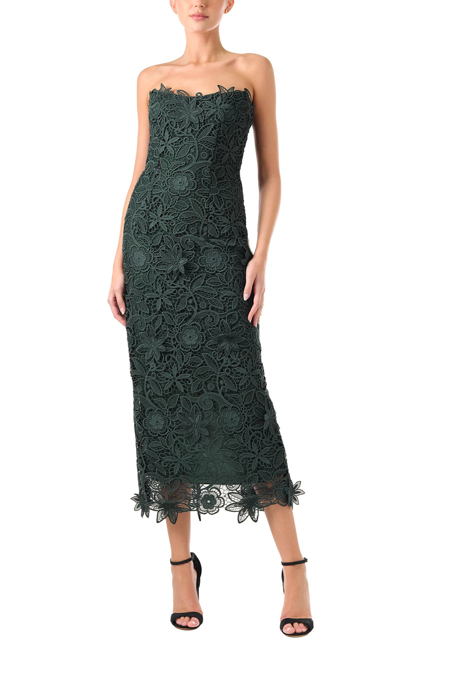 MONIQUE LHUILLIER STRAPLESS LACE SHEATH DRESS - JUNIPER