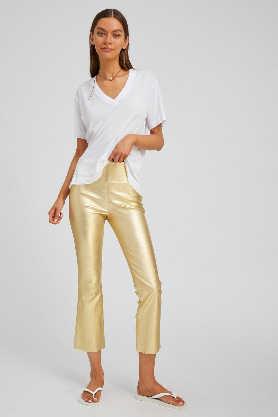 SPRWMN  CROP FLARE METALLIC GOLD