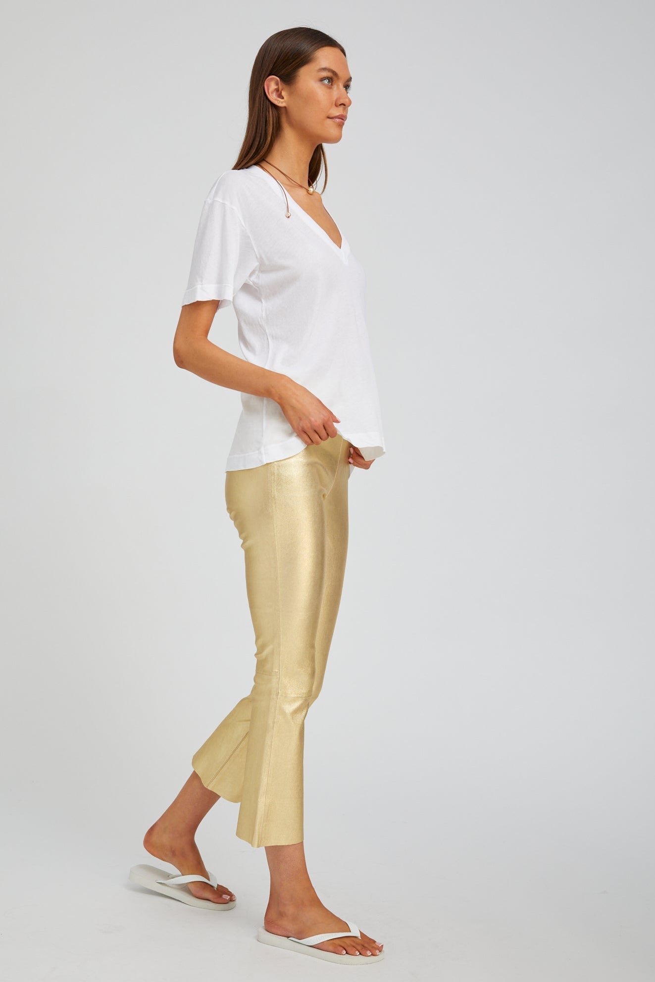 SPRWMN  CROP FLARE METALLIC GOLD