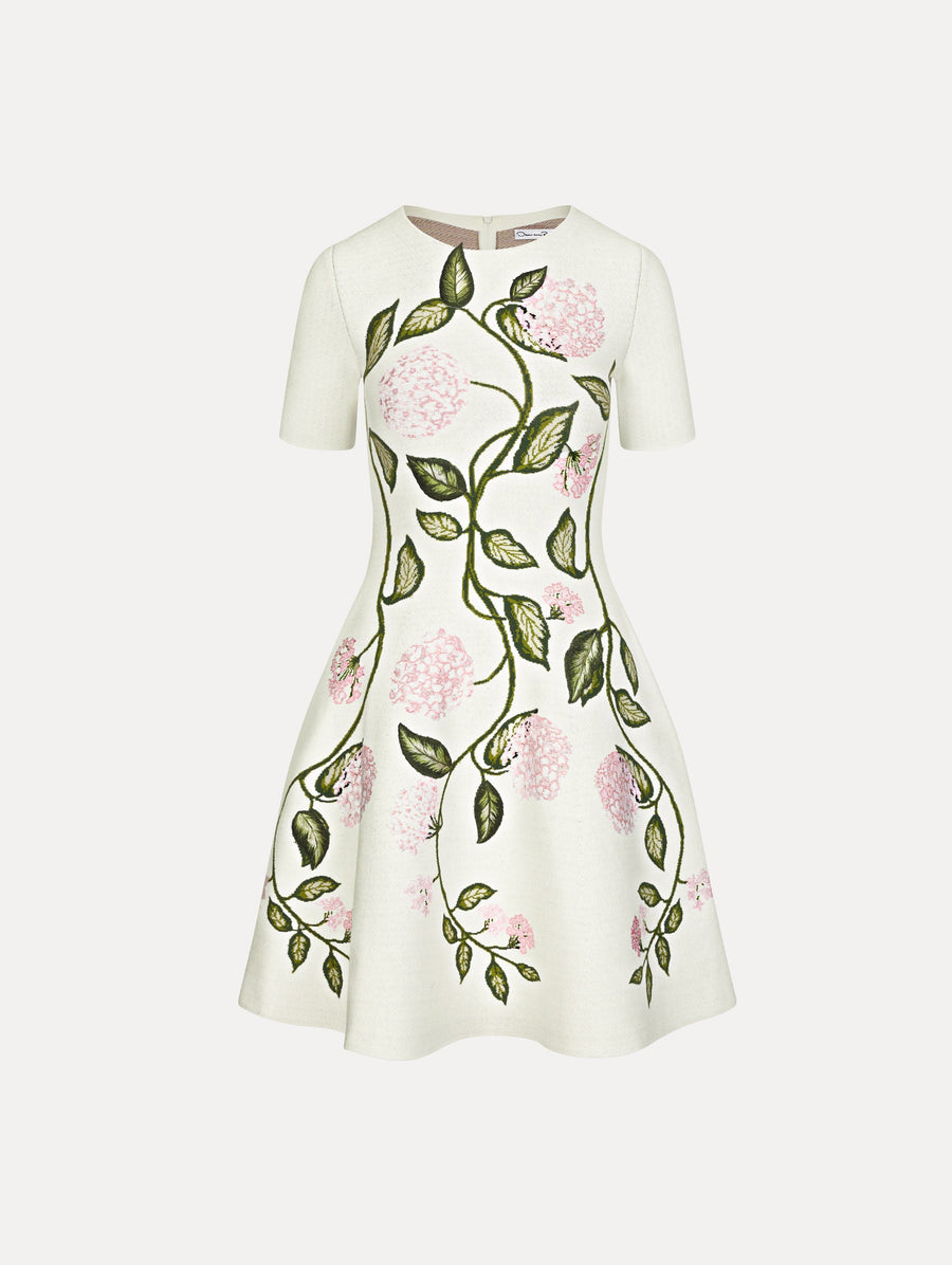 OSCAR DE LA RENTA PORCELAIN FLOWER JAQUARD DRESS - IVORY/PINK