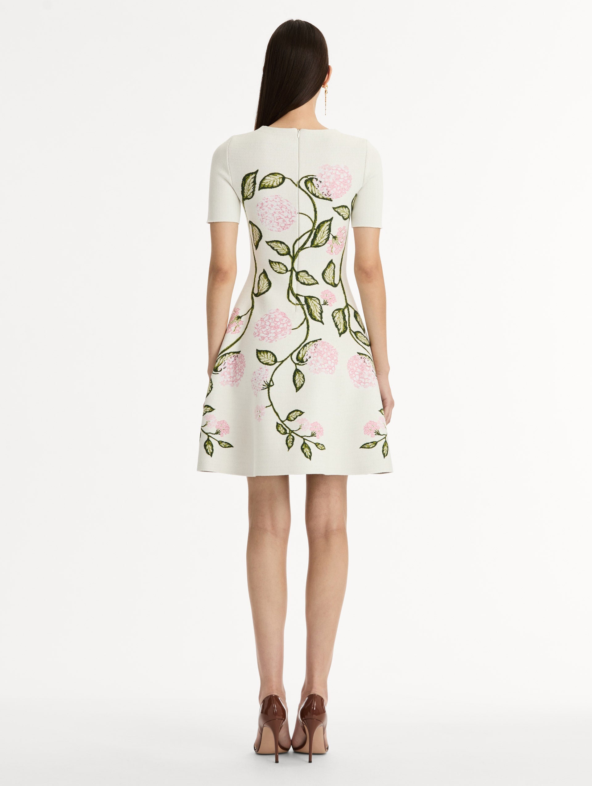 OSCAR DE LA RENTA PORCELAIN FLOWER JAQUARD DRESS - IVORY/PINK
