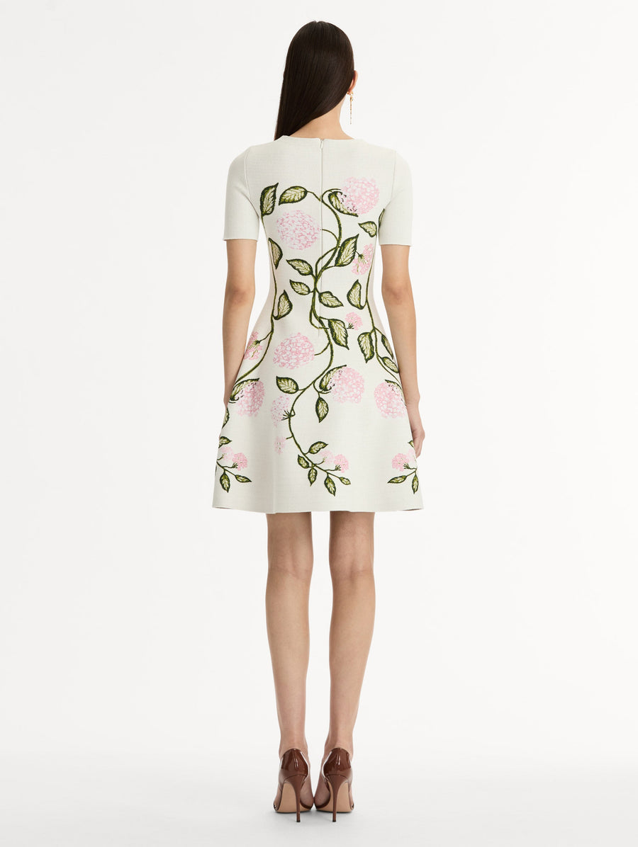 OSCAR DE LA RENTA PORCELAIN FLOWER JAQUARD DRESS - IVORY/PINK