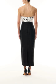 MONIQUE LHUILLIER STRAPLESS EMBROIDERED BODICE MIDI COCKTAIL DRESS - SILK WHITE/NOIR