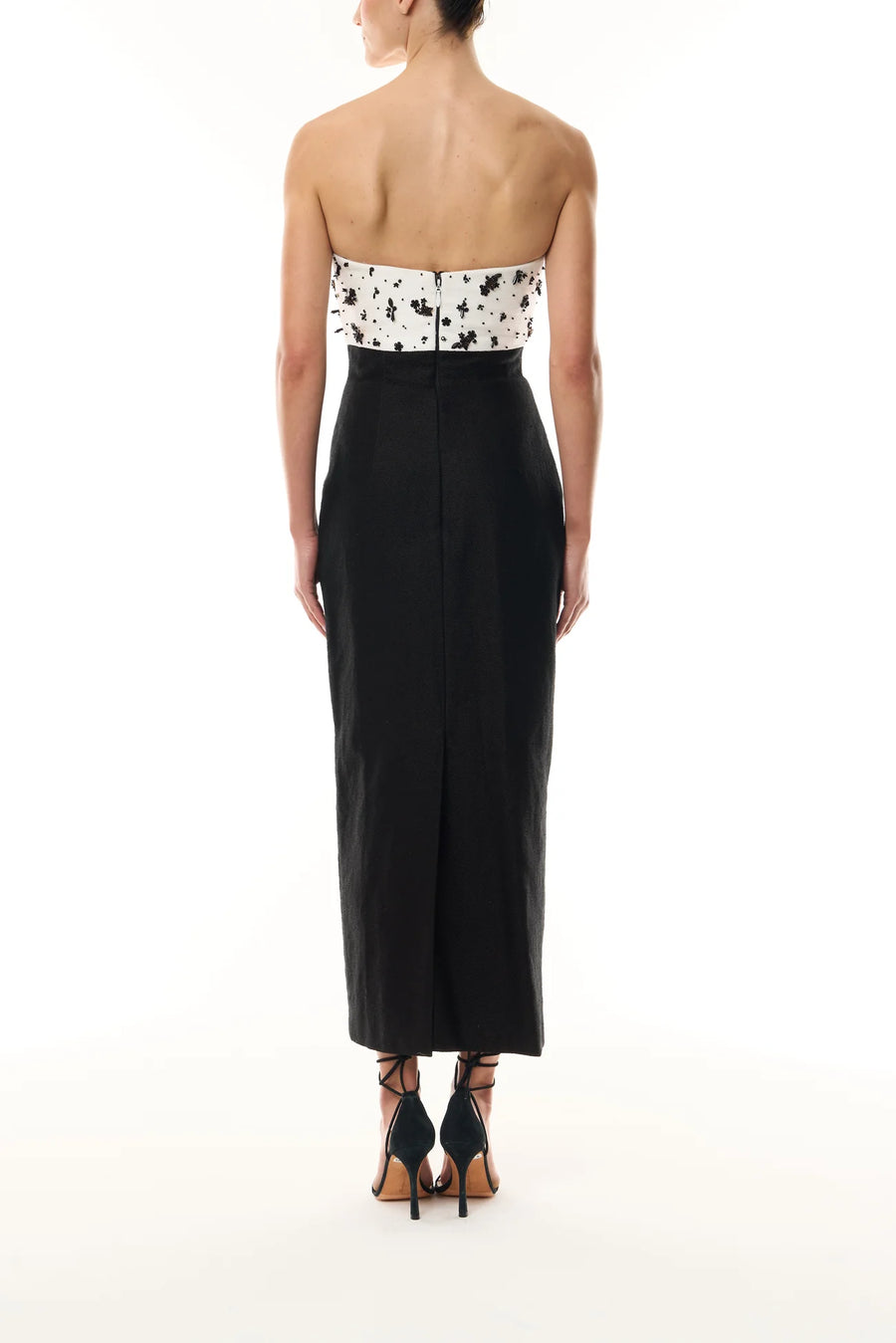 MONIQUE LHUILLIER STRAPLESS EMBROIDERED BODICE MIDI COCKTAIL DRESS - SILK WHITE/NOIR