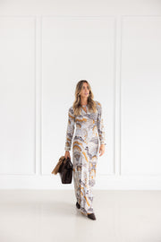 Galia Long Dress in Camel and Ice Blue Print