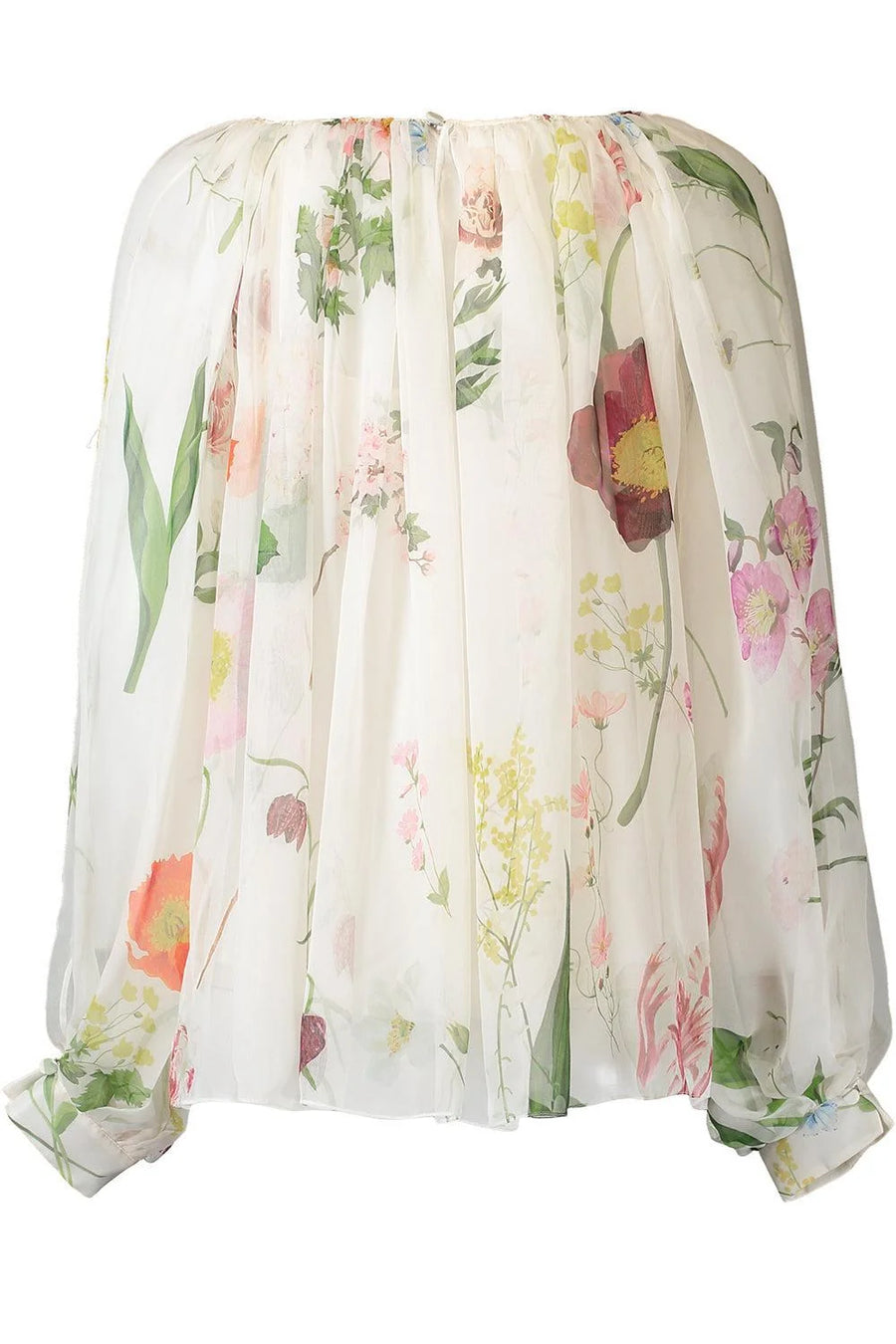 OSCAR DE LA RENTA MIXED BOTANICAL SILK CHIFFON BLOUSE - ECRU MULTI