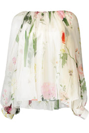 OSCAR DE LA RENTA MIXED BOTANICAL SILK CHIFFON BLOUSE - ECRU MULTI
