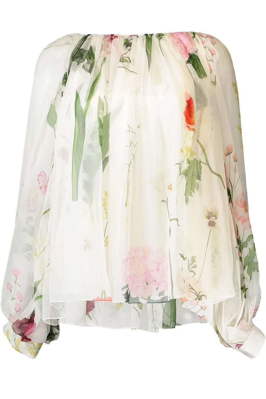 OSCAR DE LA RENTA MIXED BOTANICAL SILK CHIFFON BLOUSE - ECRU MULTI
