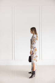 Galia Long Dress in Camel and Ice Blue Print