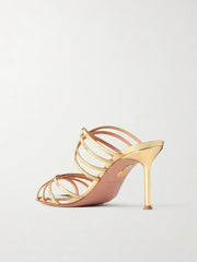AQUAZZURA TELL ME MIRRORED LEATHER SANDALS MULE 75MM - GOLD