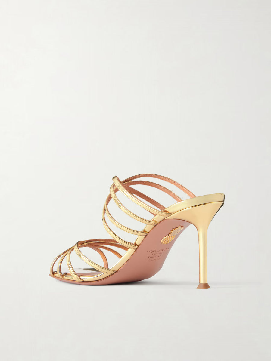 AQUAZZURA TELL ME MIRRORED LEATHER SANDALS MULE 75MM - GOLD