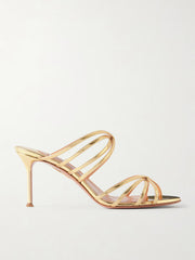AQUAZZURA TELL ME MIRRORED LEATHER SANDALS MULE 75MM - GOLD