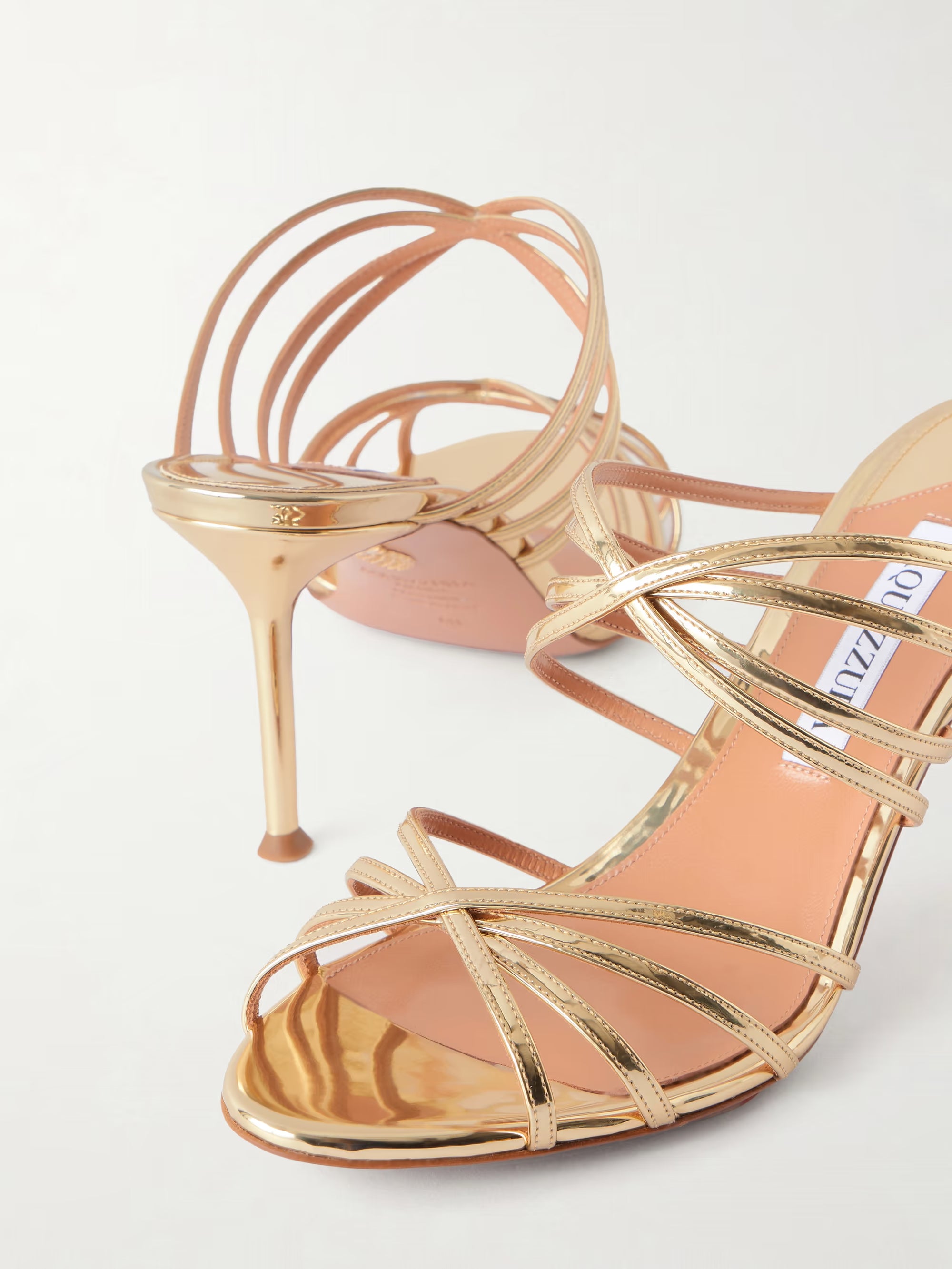 AQUAZZURA TELL ME MIRRORED LEATHER SANDALS MULE 75MM - GOLD