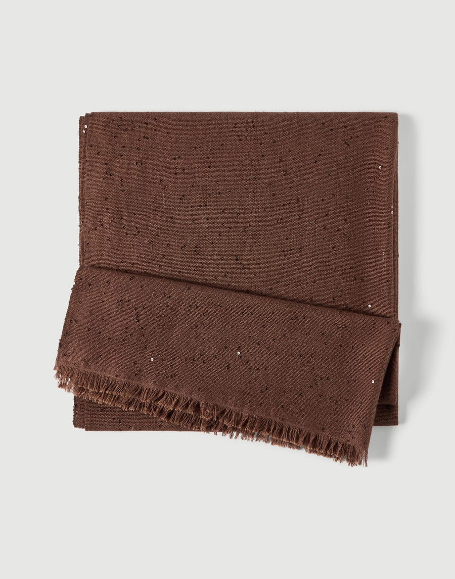 BRUNELLO CUCINELLI CASHMERE SILK PAILETTE SCARF - CHOCOLATE BROWN