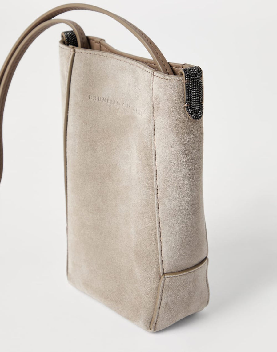 BRUNELLO CUCINELLI CROSSBODY DUO PHONE HOLDER IN SUEDE WITH MONILI