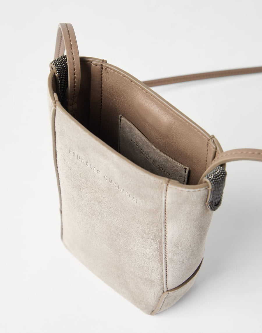 BRUNELLO CUCINELLI CROSSBODY DUO PHONE HOLDER IN SUEDE WITH MONILI