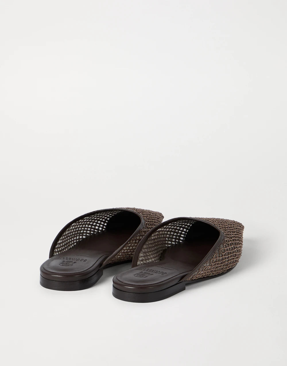 BRUNELLO CUCINELLI PRECIOUS NET EMBROIDERY MULES - BROWN