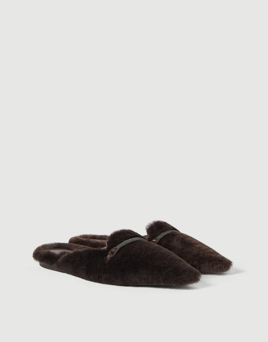 BRUNELLO CUCINELLI SHEARLING LINED SLIDE ON MULE WITH PRECIOUS BAR - RUST BROWN