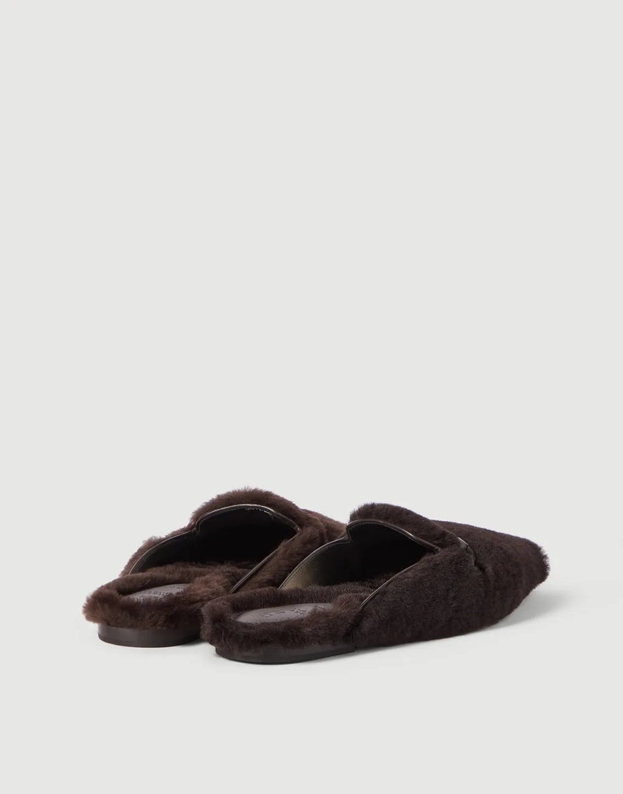 BRUNELLO CUCINELLI SHEARLING LINED SLIDE ON MULE WITH PRECIOUS BAR - RUST BROWN