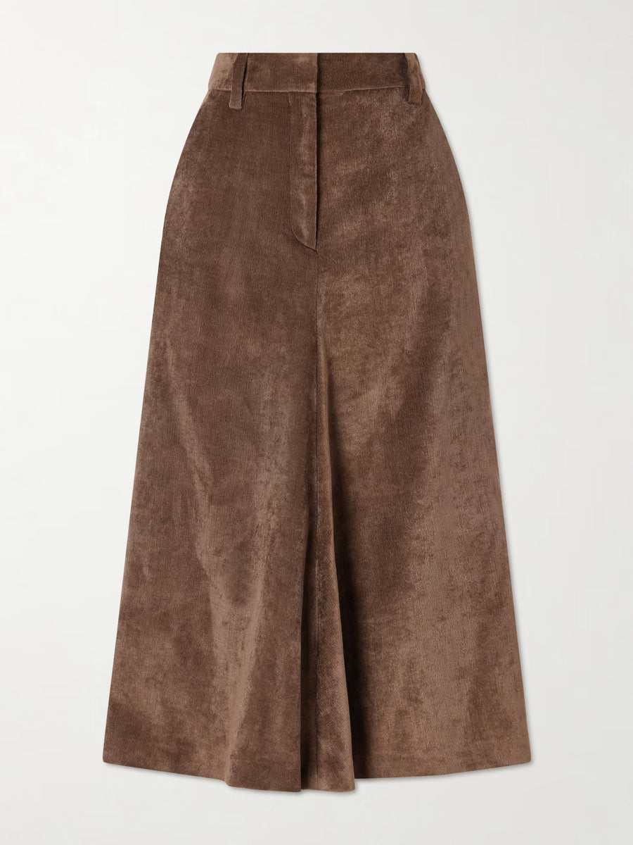 BRUNELLO CUCINELLI FLUID VELVET CORDUROY FLUTE SKIRT - CHOCOLATE