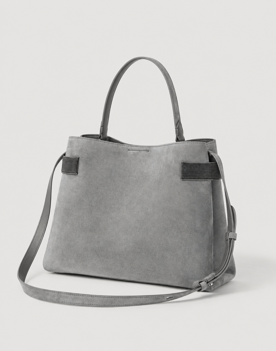 BRUNELLO CUCINELLI SUEDE ESSENCE MEDIUM TOP HANDLE BAG - STEEL
