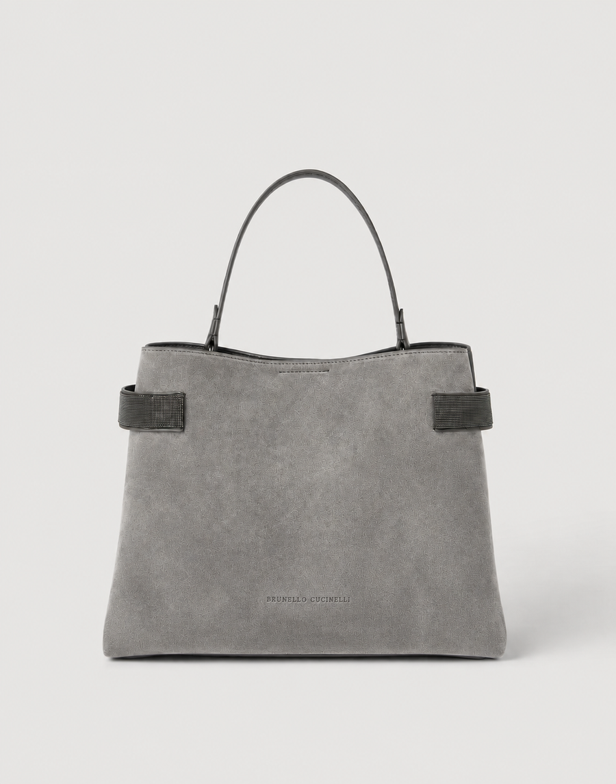 BRUNELLO CUCINELLI SUEDE ESSENCE MEDIUM TOP HANDLE BAG - STEEL