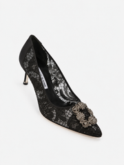 MANOLO BLAHNIK HANGISI LACE JEWEL BUCKLE PUMP - BLACK