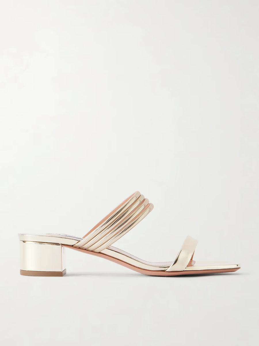 AQUAZZURA COLLIER 35 EMBELLISHED METALLIC LEATHER MULE - GOLD
