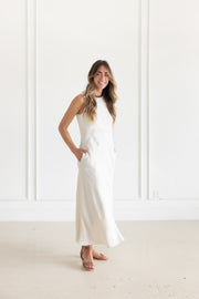 BRUNELLO CUCINELLI  VISCOSE AND LINEN FLUID TWILL DRESS WITH MONILI COLLAR - CREAM