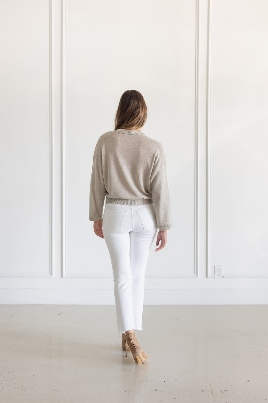 BRUNELLO CUCINELLI LINEN SILK PAILLETTE CREW NECK SWEATER - STONE