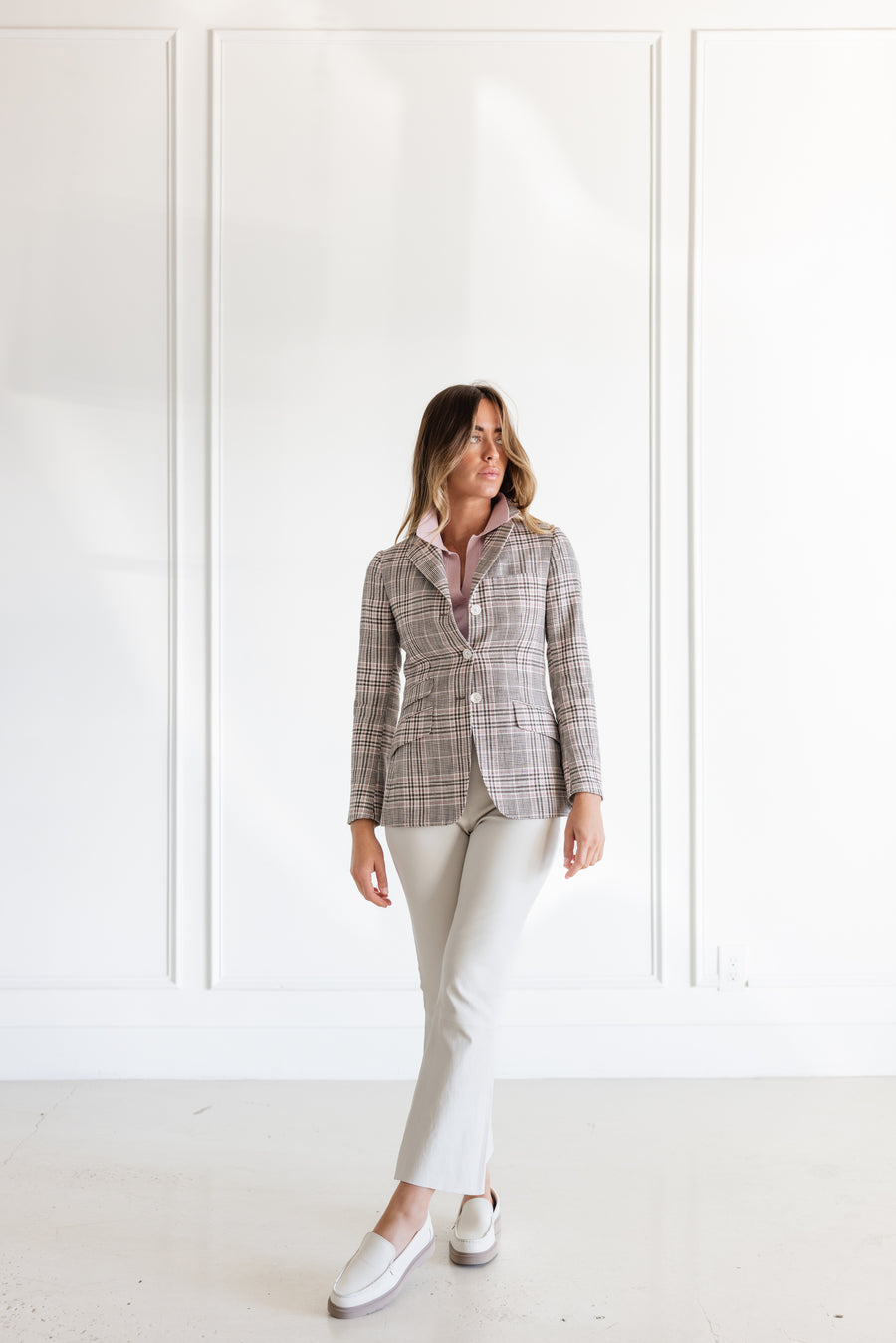 DF PLAID COTTON LINEN WOOL JACKET - TAUPE /PINK