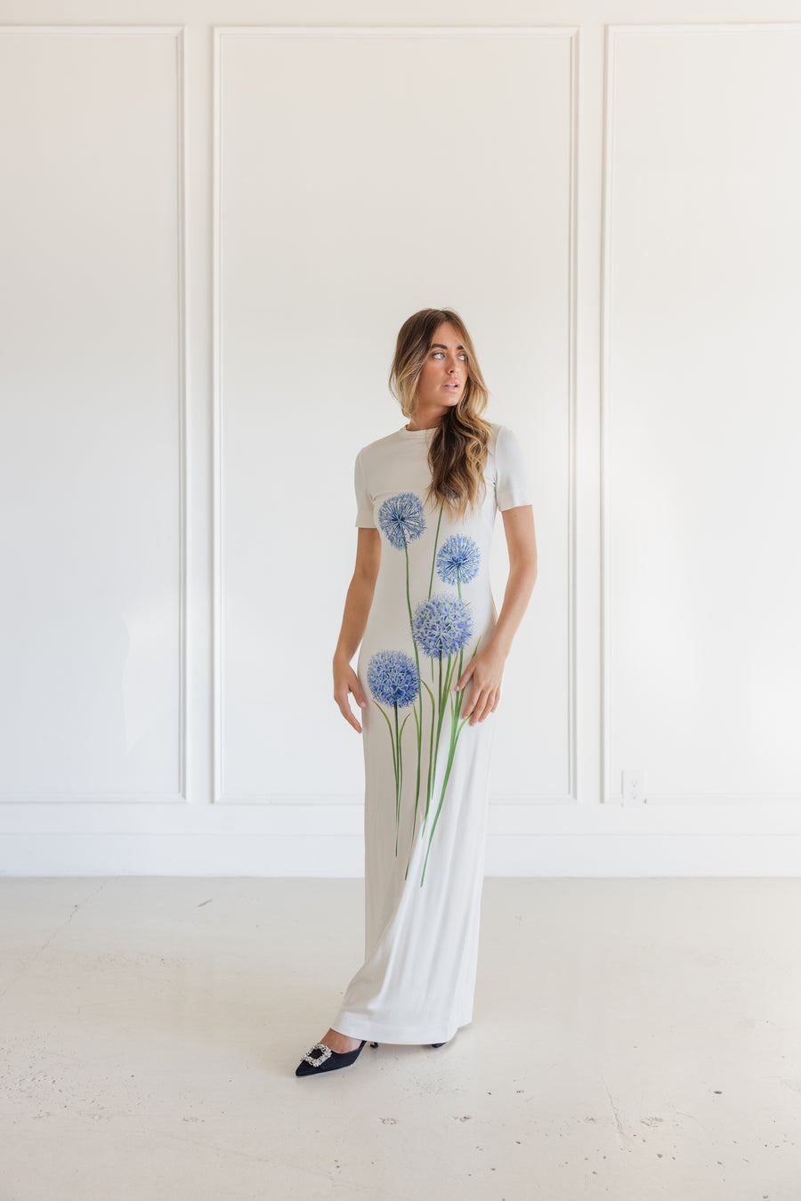 OSCAR DELA RENTA SHORT SLEEVE ALLIUMS JERSEY DRESS - BLUE/WHITE