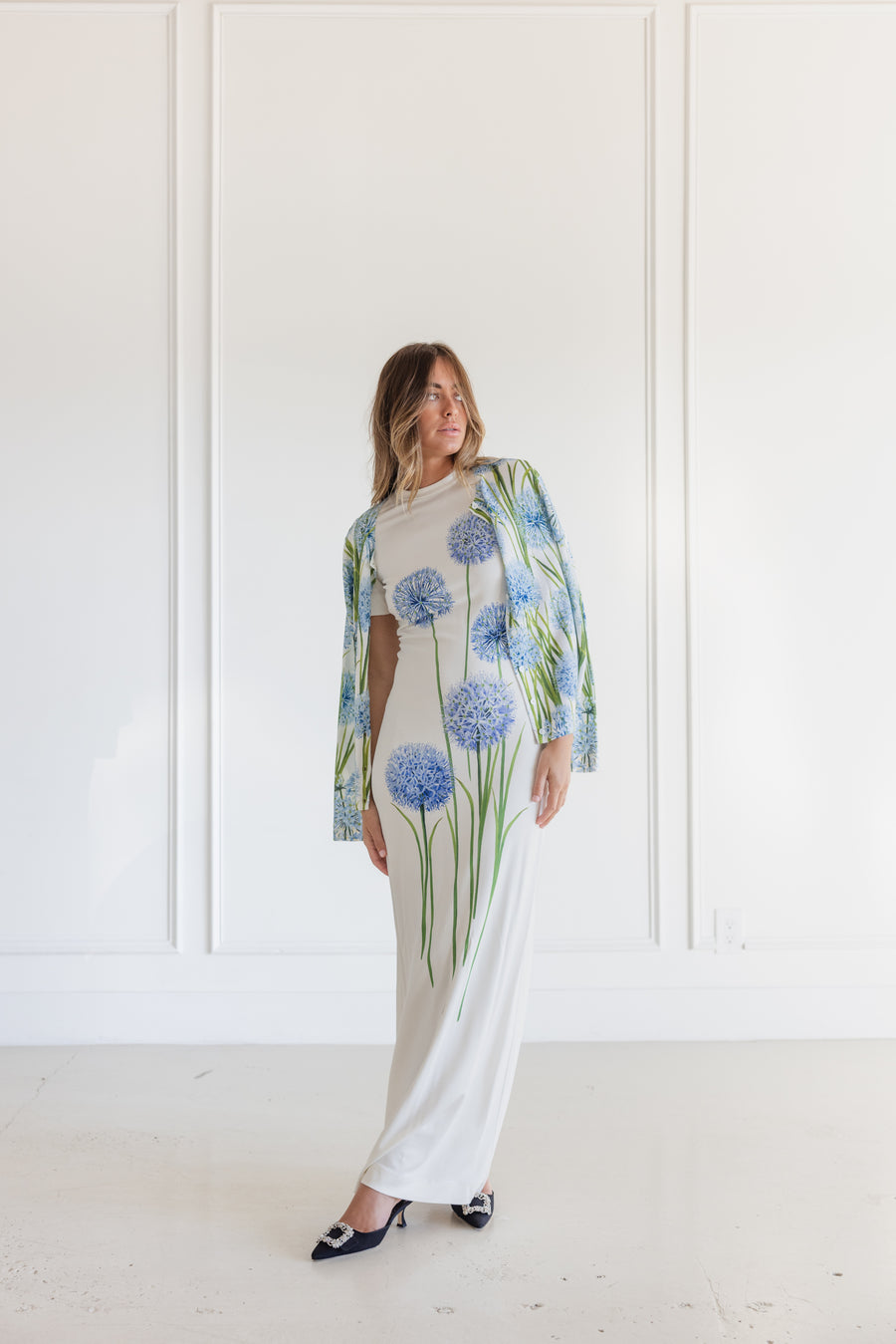 OSCAR DELA RENTA SHORT SLEEVE ALLIUMS JERSEY DRESS - BLUE/WHITE