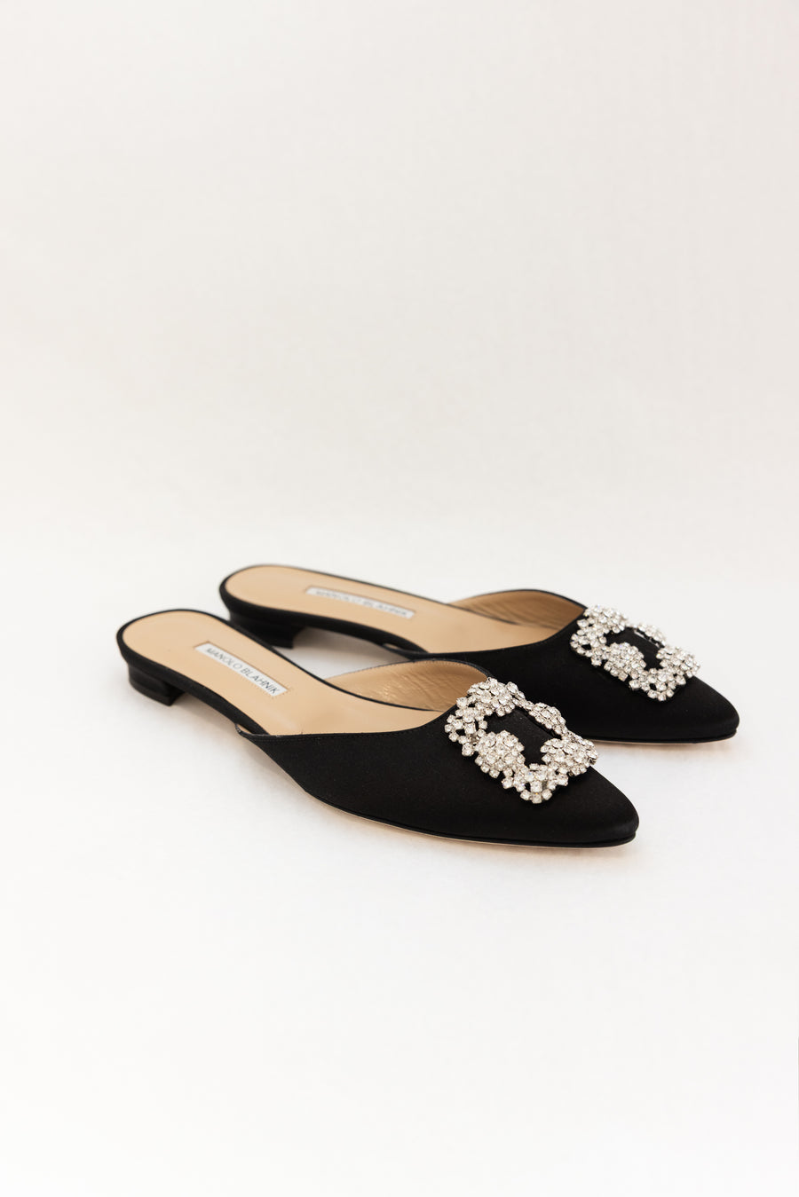 MANOLO BLAHNIK SATIN JEWEL BUCKLE FLAT - BLACK