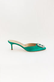 MANOLO BLAHNIK HEEL HANGISMU SATIN JEWEL BUCKLE MULES - GREEN