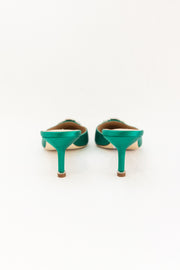 MANOLO BLAHNIK HEEL HANGISMU SATIN JEWEL BUCKLE MULES - GREEN