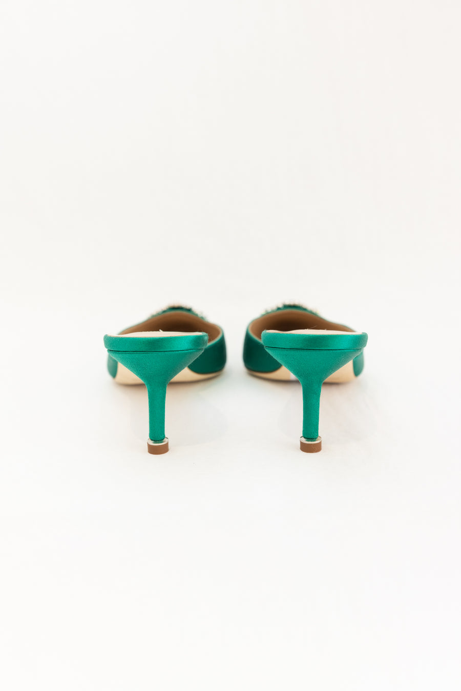 MANOLO BLAHNIK HEEL HANGISMU SATIN JEWEL BUCKLE MULES - GREEN