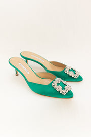 MANOLO BLAHNIK HEEL HANGISMU SATIN JEWEL BUCKLE MULES - GREEN