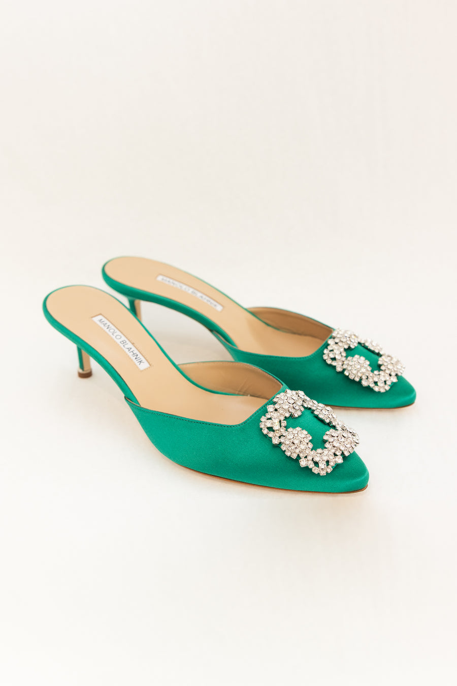 MANOLO BLAHNIK HEEL HANGISMU SATIN JEWEL BUCKLE MULES - GREEN