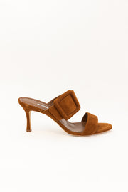 MANOLO BLAHNIK  GABLE SUEDE OPEN TOE MULES - MEDIUM BROWN