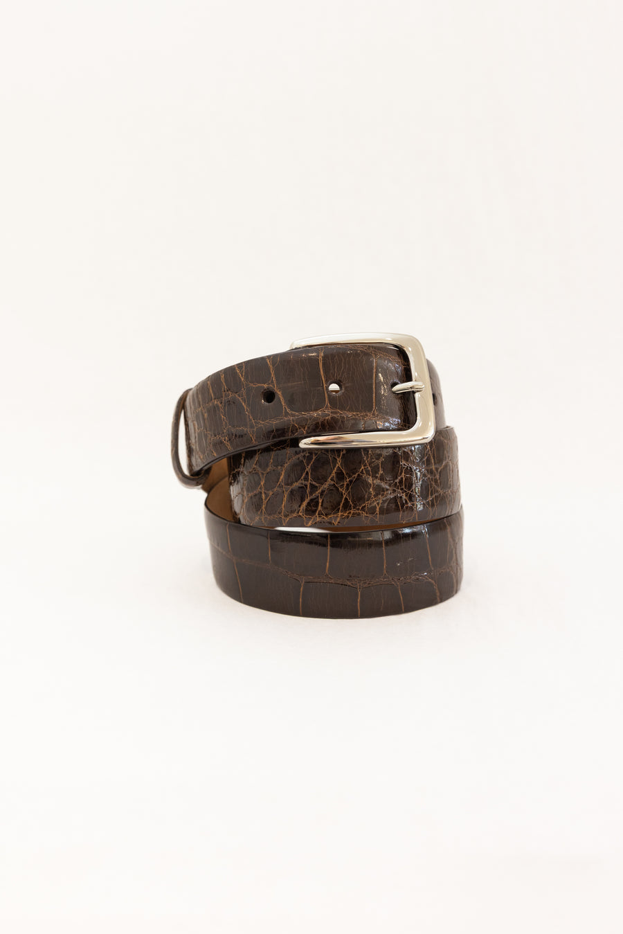 W KLEINBERG 1 3/8" GLAZED ALLIGATOR BELT - CHOCOLATE