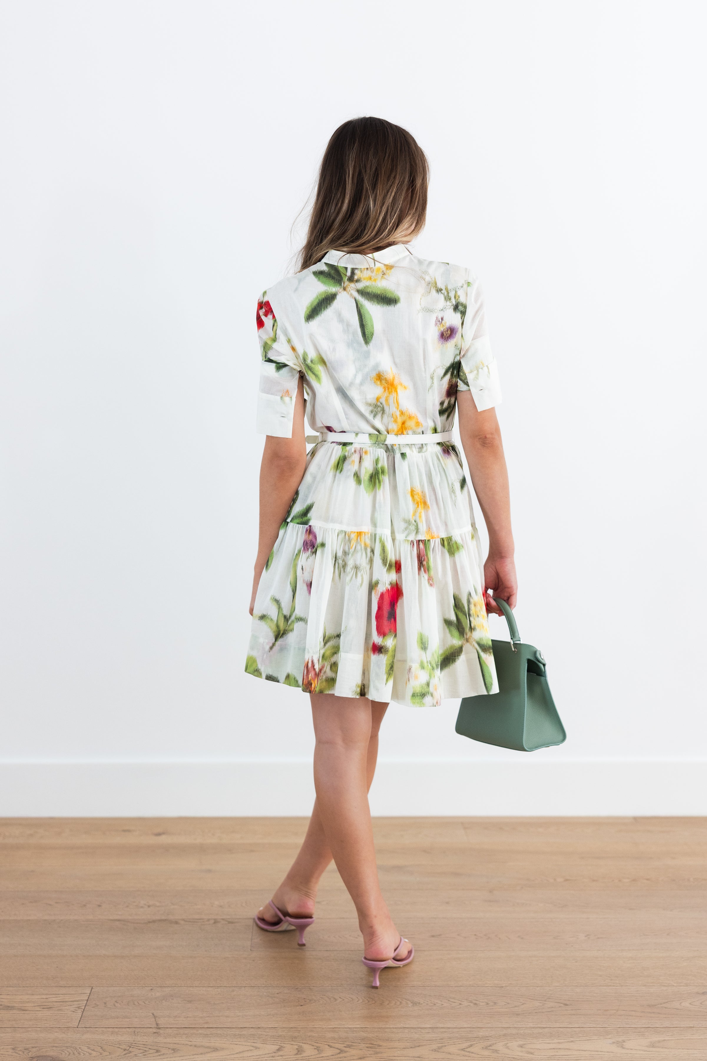 OSCAR DE LA RENTA LONG SLEEVE CHINE MULTI FLORAL VOILLE DAY DRESS - IVORY MULTI