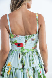 OSCAR DE LA RENTA SLEEVELESS CHINE MULTI FLORAL POPLIN DRESS - SALTWATER MULTI